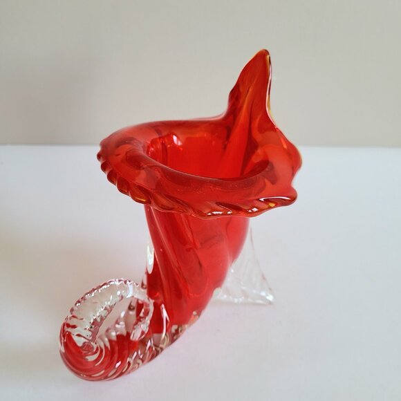 Murano Art Glass Cornucopia Jack in the Pulpit Red and Clear Vase. MCM decor. - Picture 10 of 14